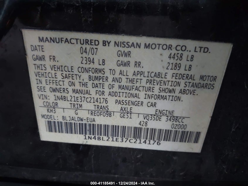 2007 NISSAN ALTIMA VIN: 1N4BL21E37C214176