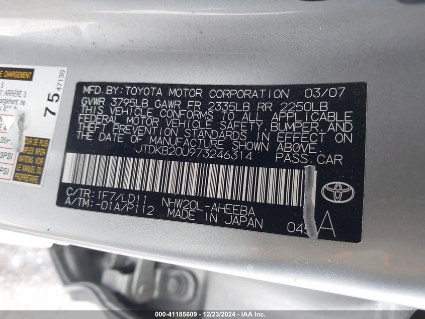 2007 TOYOTA PRIUS VIN: JTDKB20U973246314