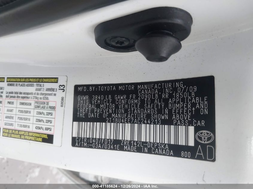 2010 Toyota Corolla S VIN: 2T1BU4EE7AC244213 Lot: 41185624