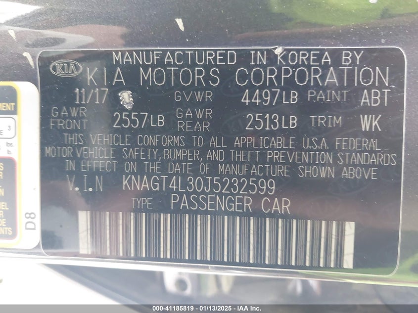 2018 KIA OPTIMA VIN: KNAGT4L30J5232599