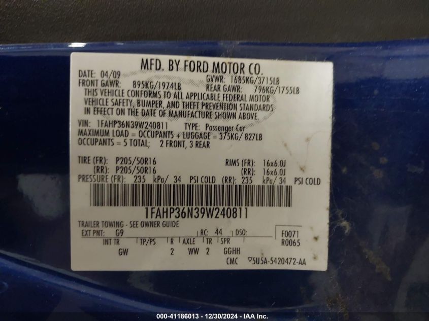 2009 Ford Focus VIN: 1FAHP36N39W24081 Lot: 41186013