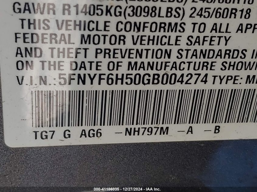 VIN 5FNYF6H50GB004274 2016 Honda Pilot, Ex-L no.9