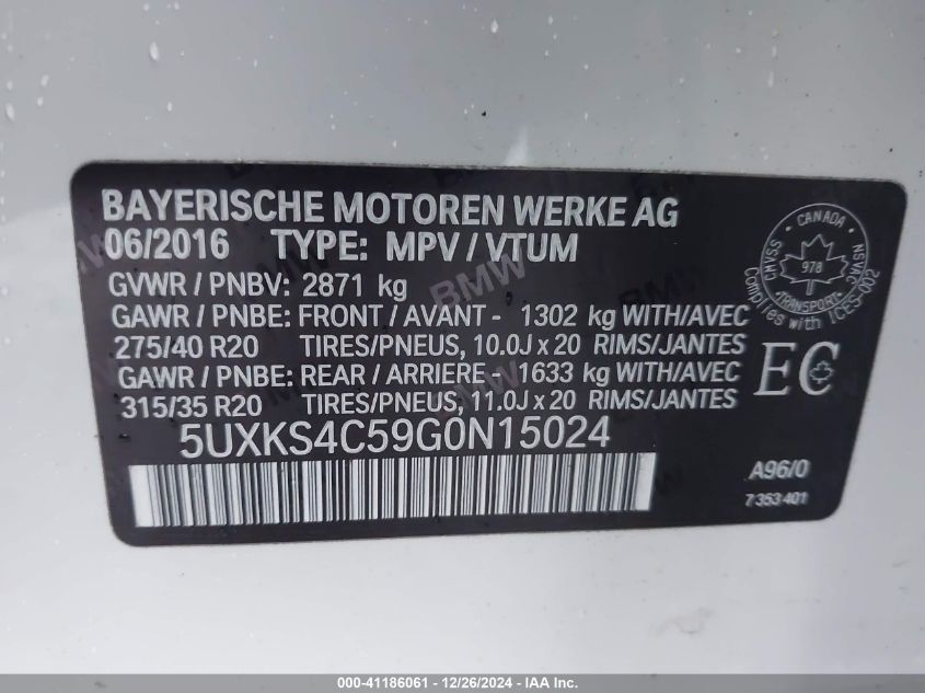 VIN 5UXKS4C59G0N15024 2016 BMW X5, Xdrive35D no.9