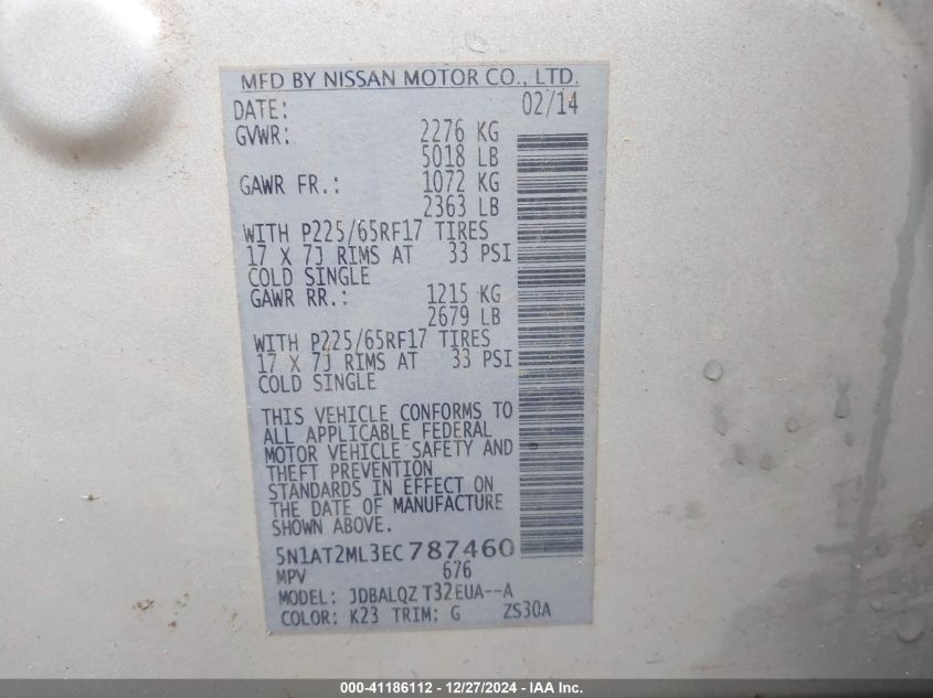 VIN 5N1AT2ML3EC787460 2014 Nissan Rogue, SV no.9