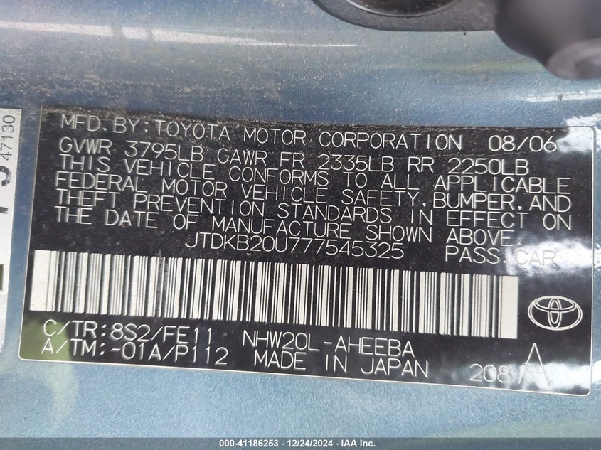2007 TOYOTA PRIUS VIN: JTDKB20U777545325