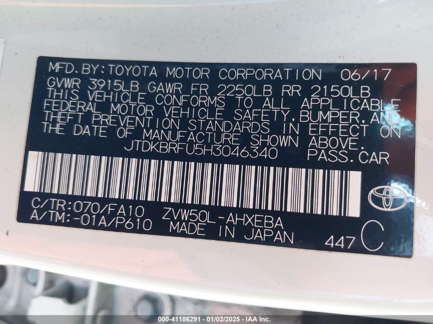 VIN JTDKBRFU5H3046340 2017 TOYOTA PRIUS no.9