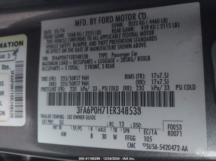 2014 FORD FUSION SE - 3FA6P0H71ER348538