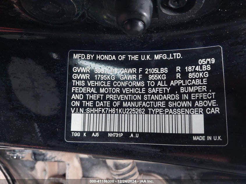 2019 HONDA CIVIC VIN: SHHFK7H61KU225262