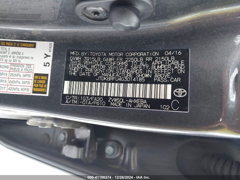 VIN JTDKBRFU4G3014185 2016 Toyota Prius, Two no.9