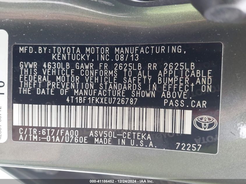 VIN 4T1BF1FKXEU726787 2014 Toyota Camry, L no.9