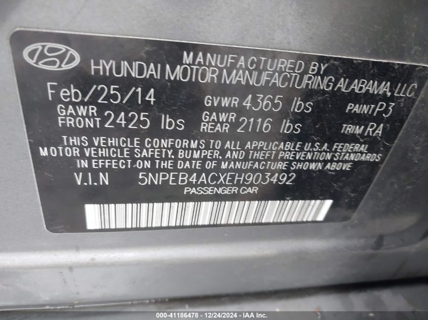 VIN 5NPEB4ACXEH903492 2014 Hyundai Sonata, Gls no.9