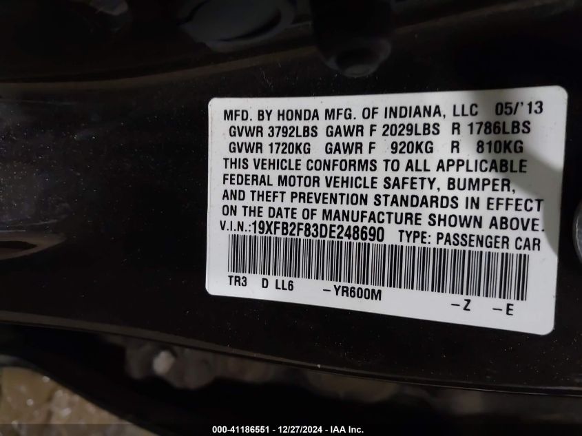 VIN 19XFB2F83DE248690 2013 Honda Civic, EX no.9