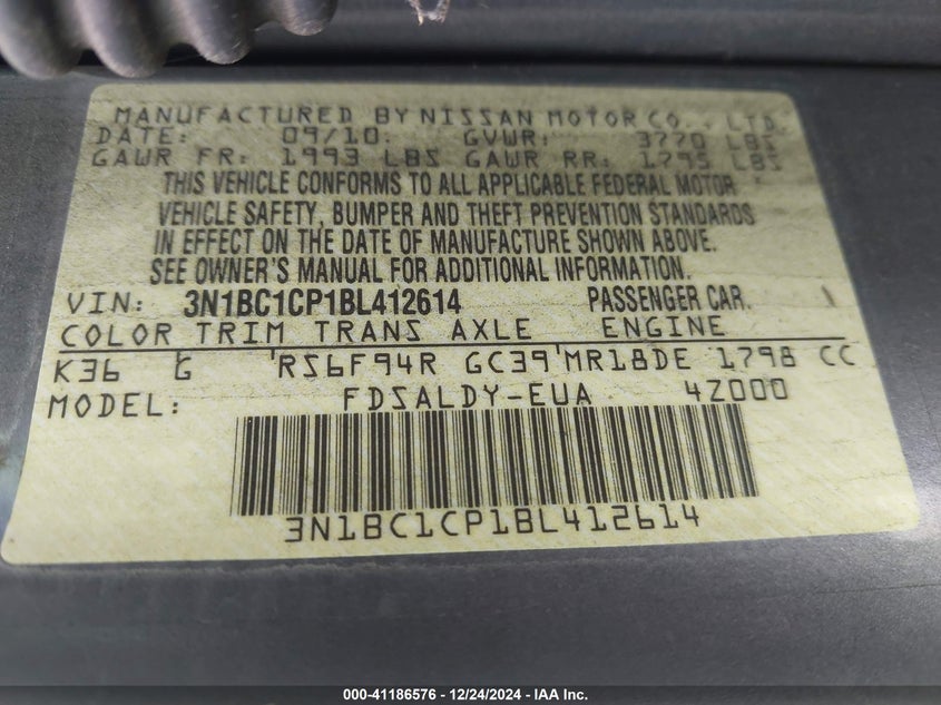 2011 NISSAN VERSA VIN: 3N1BC1CP1BL412614