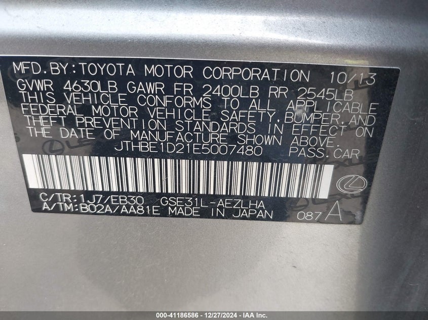2014 LEXUS IS 350 VIN: JTHBE1D21E5007480