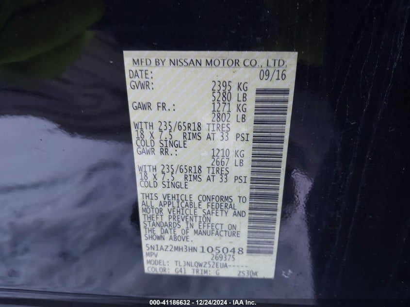 2017 NISSAN MURANO VIN: 5N1AZ2MH3HN105048