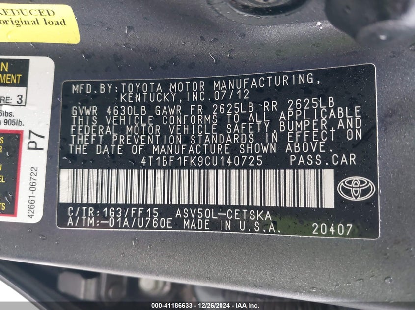 2012 TOYOTA CAMRY VIN: 4T1BF1FK9CU140725