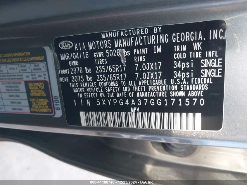 VIN 5XYPG4A37GG171570 2016 KIA Sorento, 2.4L L no.9