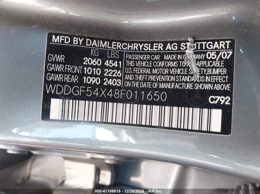 2008 MERCEDES-BENZ C 300 VIN: WDDGF54X48F011650