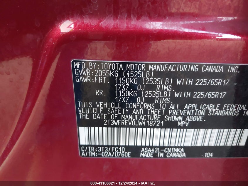 2018 TOYOTA RAV4 VIN: 2T3WFREV0JW418721