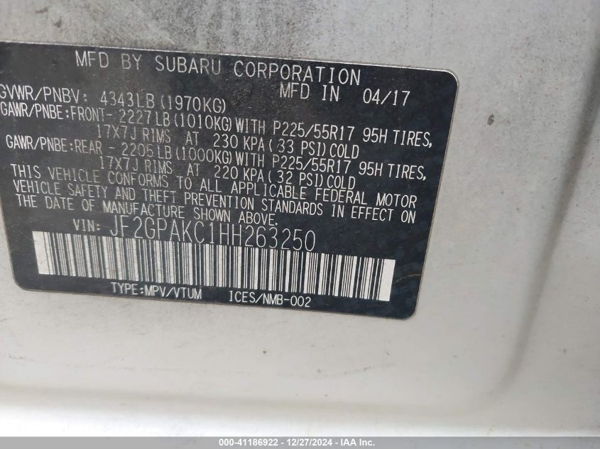 2017 Subaru Crosstrek 2.0I Limited VIN: JF2GPAKC1HH263250 Lot: 41186922