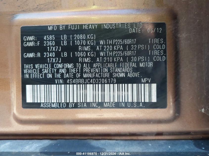 VIN 4S4BRBJC4D3206179 2013 Subaru Outback, 2.5I Lim... no.9