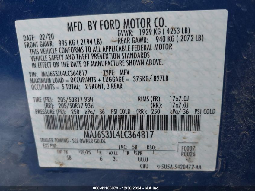 2020 Ford Ecosport Ses VIN: MAJ6S3JL4LC364817 Lot: 41186979