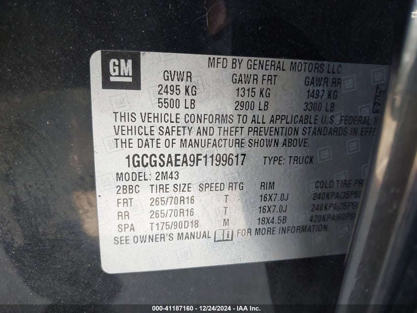 2015 CHEVROLET COLORADO VIN: 1GCGSAEA9F1199617