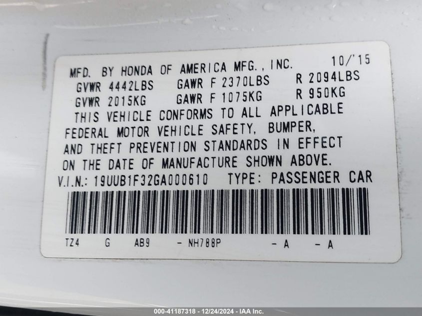 VIN 19UUB1F32GA000610 2016 ACURA TLX no.9