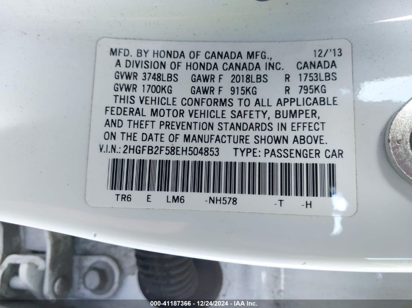 VIN 2HGFB2F58EH504853 2014 HONDA CIVIC no.9