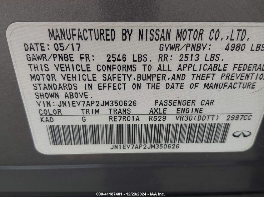 2018 Infiniti Q50 3.0T Luxe VIN: JN1EV7AP2JM350626 Lot: 41187401