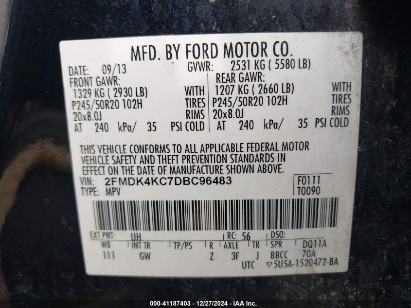 VIN 2FMDK4KC7DBC96483 2013 FORD EDGE no.9