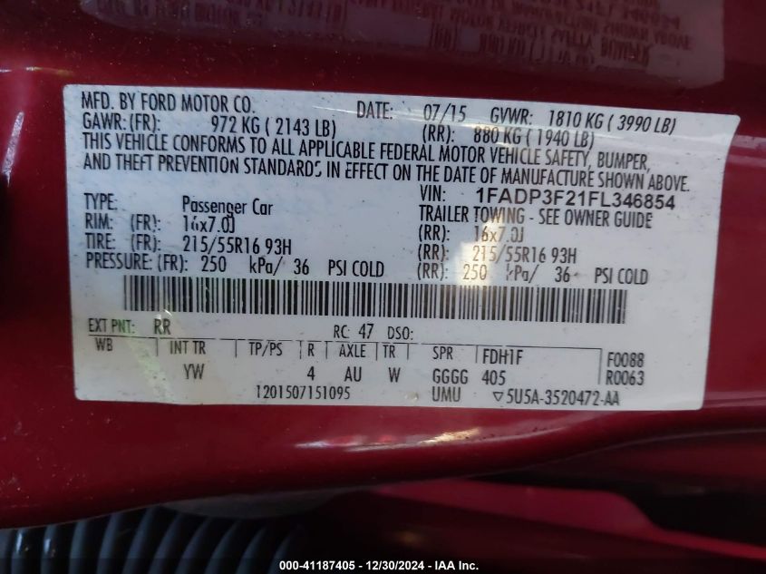 VIN 1FADP3F21FL346854 2015 FORD FOCUS no.9