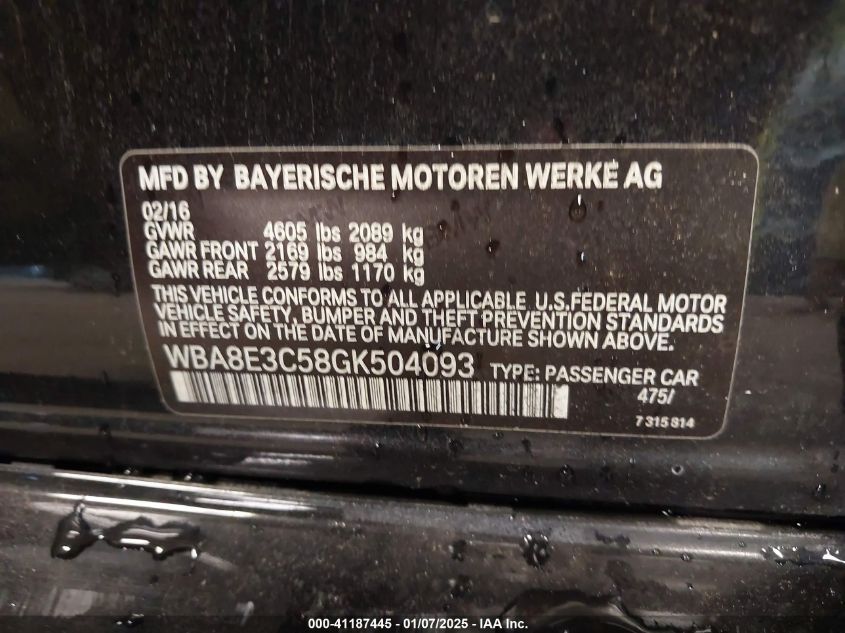 VIN WBA8E3C58GK504093 2016 BMW 328I no.9