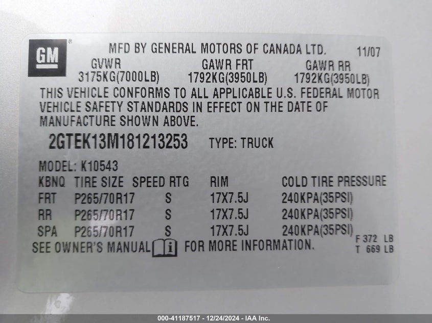 2008 GMC SIERRA 1500 VIN: 2GTEK13M181213253