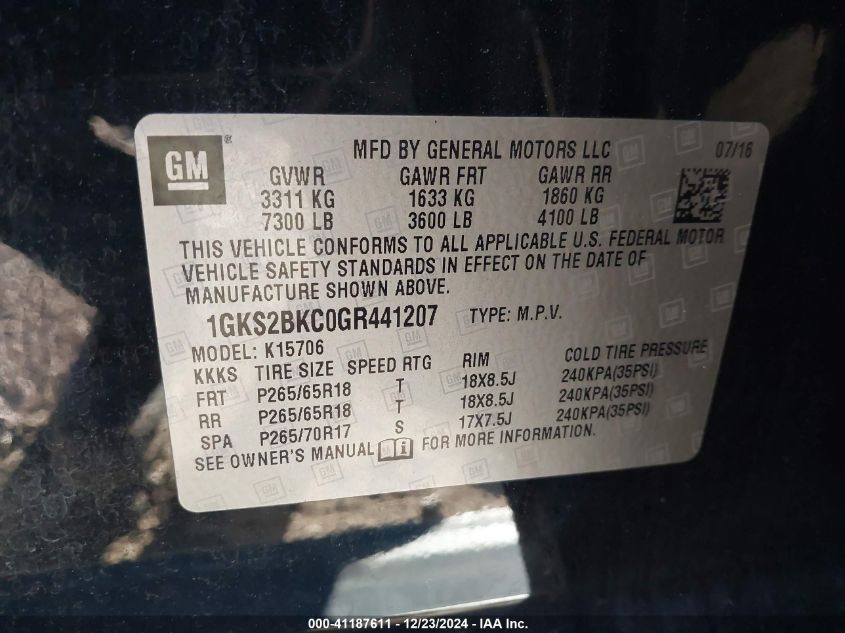 VIN 1GKS2BKC0GR441207 2016 GMC YUKON no.9