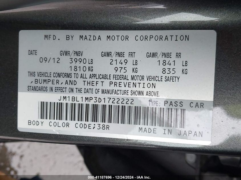 VIN JM1BL1MP3D1722222 2013 MAZDA MAZDA3 no.9