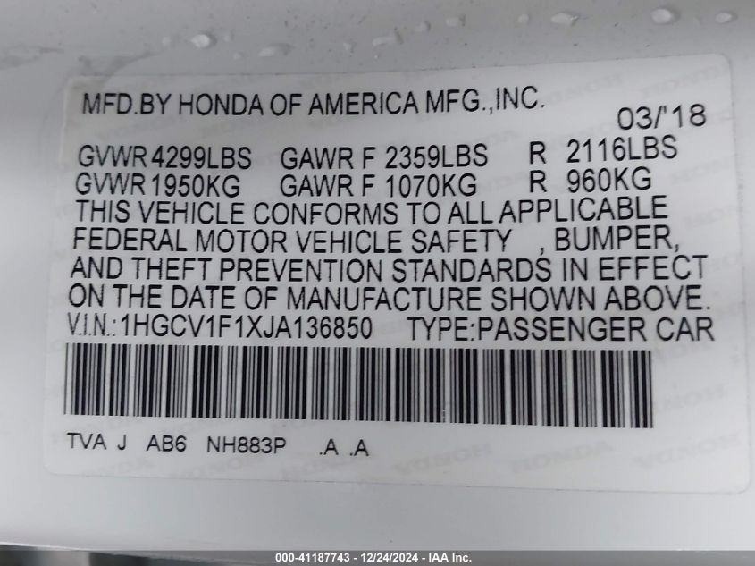 VIN 1HGCV1F1XJA136850 2018 Honda Accord, LX no.9