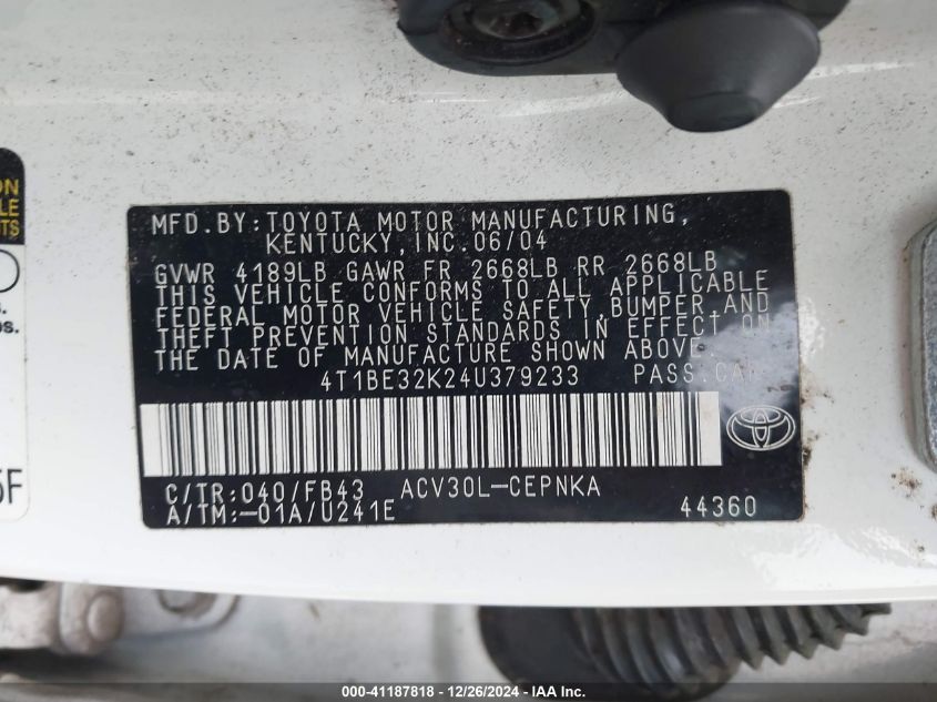 2004 Toyota Camry Le VIN: 4T1BE32K24U379233 Lot: 41187818