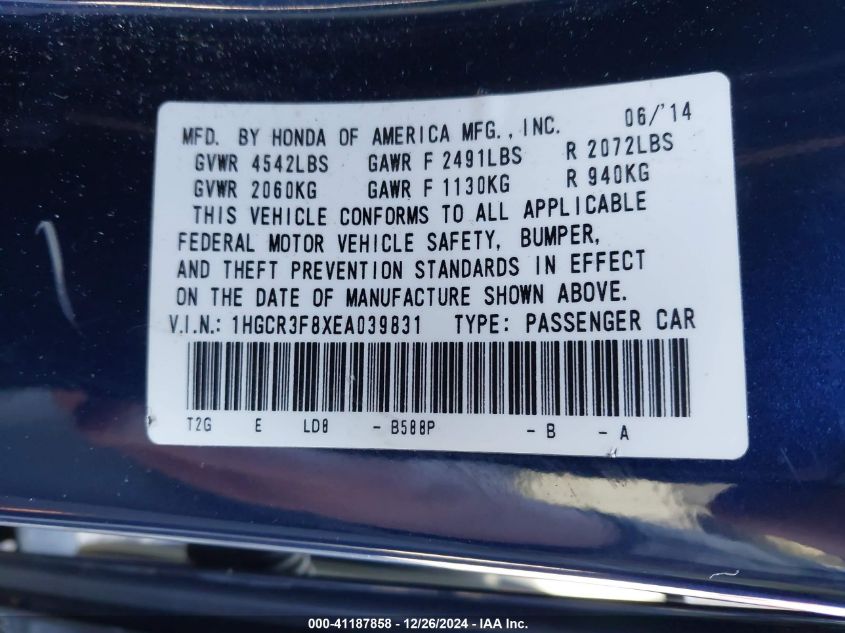 VIN 1HGCR3F8XEA039831 2014 Honda Accord, Ex-L V-6 no.9