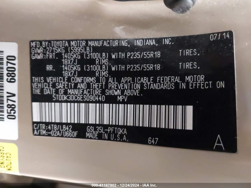 VIN 5TDDK3DC6ES090440 2014 TOYOTA SIENNA no.9