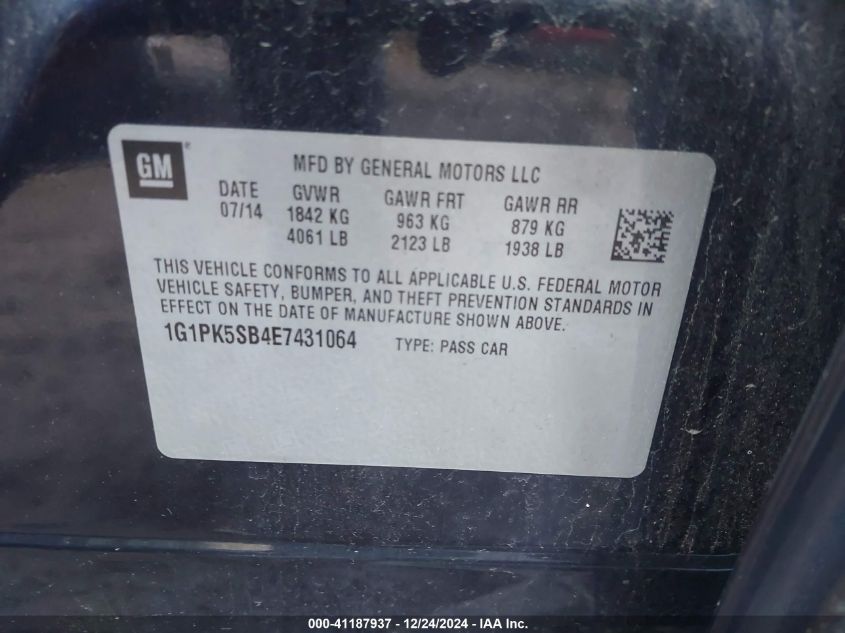 2014 Chevrolet Cruze Lt VIN: 1G1PK5SB4E7431064 Lot: 41187937