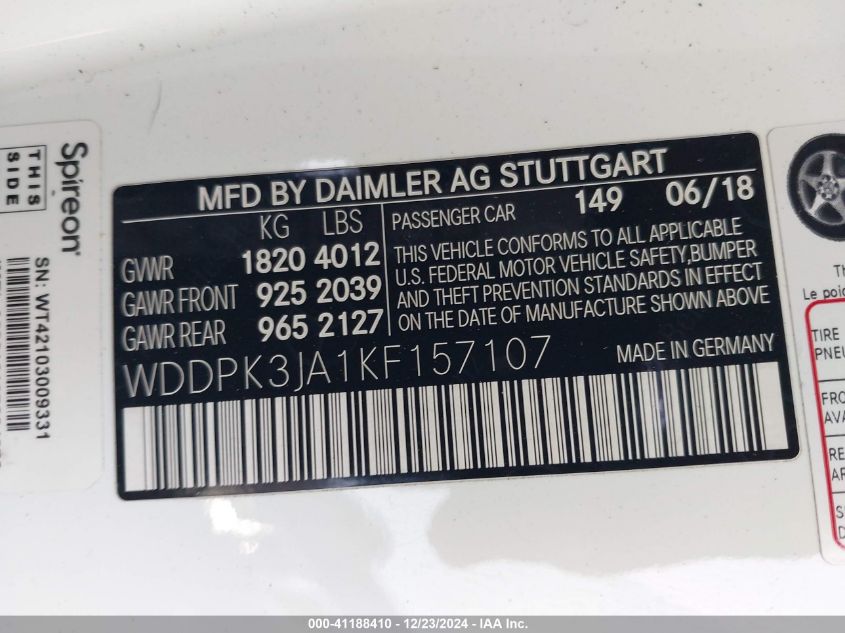 VIN WDDPK3JA1KF157107 2019 MERCEDES-BENZ SLC 300 no.9