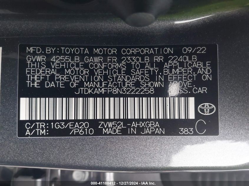 VIN JTDKAMFP8N3222258 2022 TOYOTA PRIUS PRIME no.9