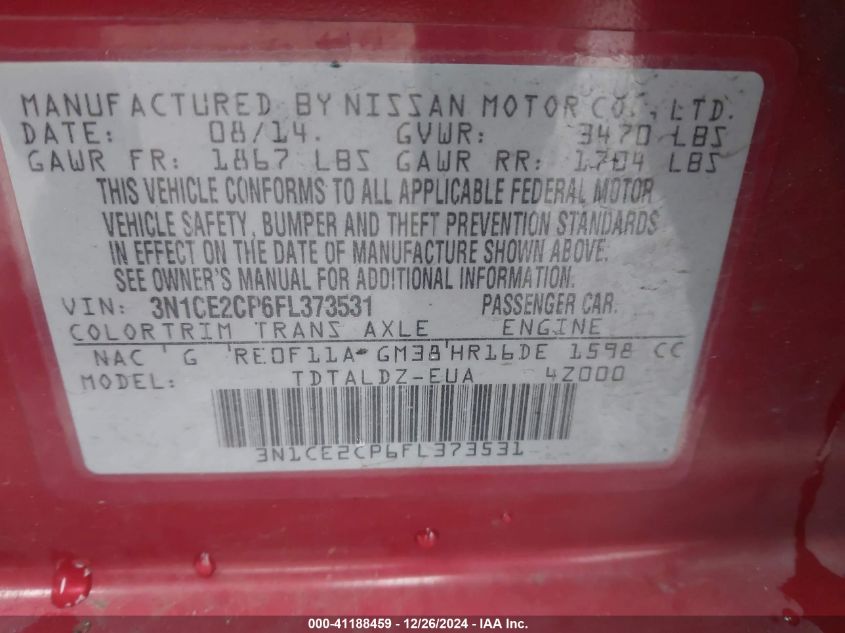 VIN 3N1CE2CP6FL373531 2015 NISSAN VERSA NOTE no.9