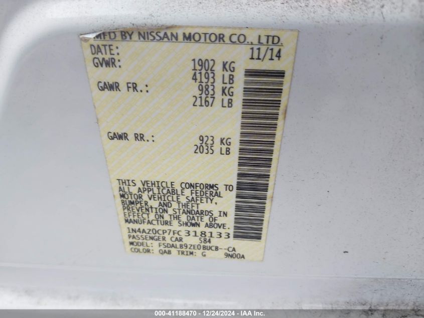 VIN 1N4AZ0CP7FC318133 2015 Nissan Leaf, S no.9