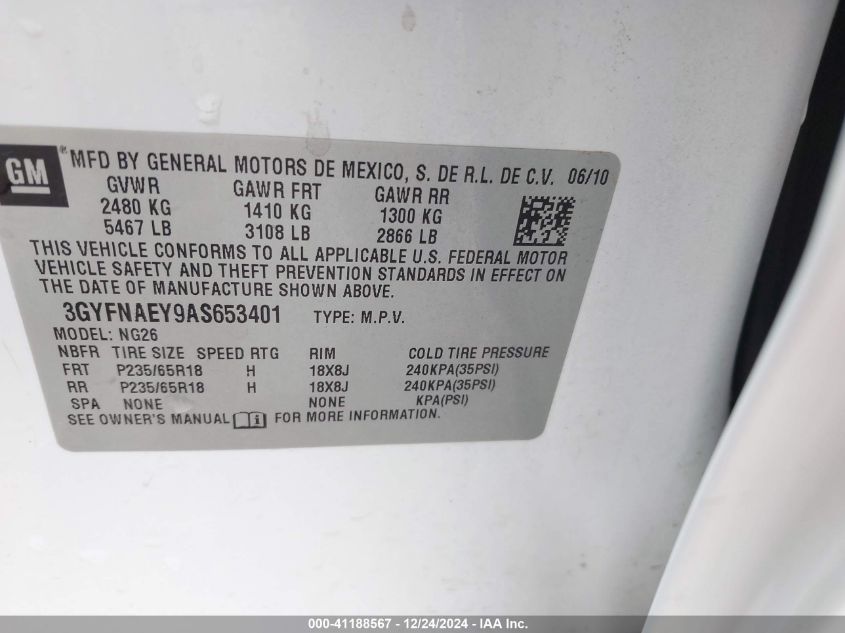 2010 Cadillac Srx Luxury Collection VIN: 3GYFNAEY9AS653401 Lot: 41188567