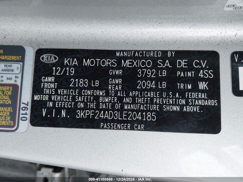 2020 Kia Forte Lxs VIN: 3KPF24AD3LE204185 Lot: 41188568