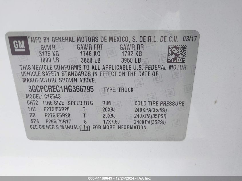 VIN 3GCPCREC1HG366795 2017 CHEVROLET SILVERADO 1500 no.9