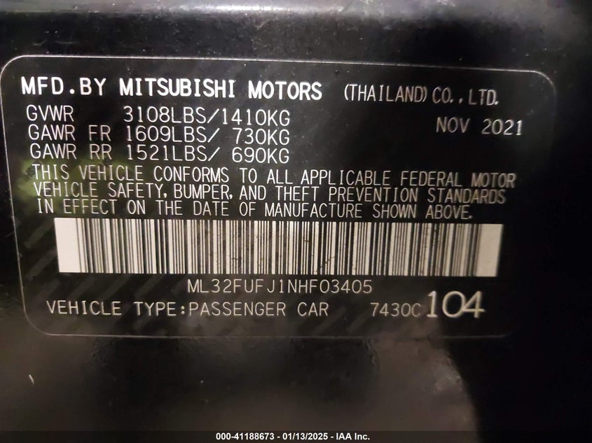 2022 MITSUBISHI MIRAGE G4 VIN: ML32FUFJ1NHF03405