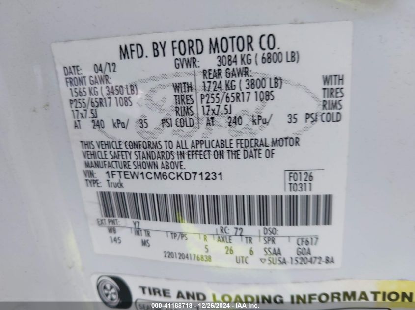 2012 Ford F150 Supercrew VIN: XX1FTEW1CM6CKD712 Lot: 41188718